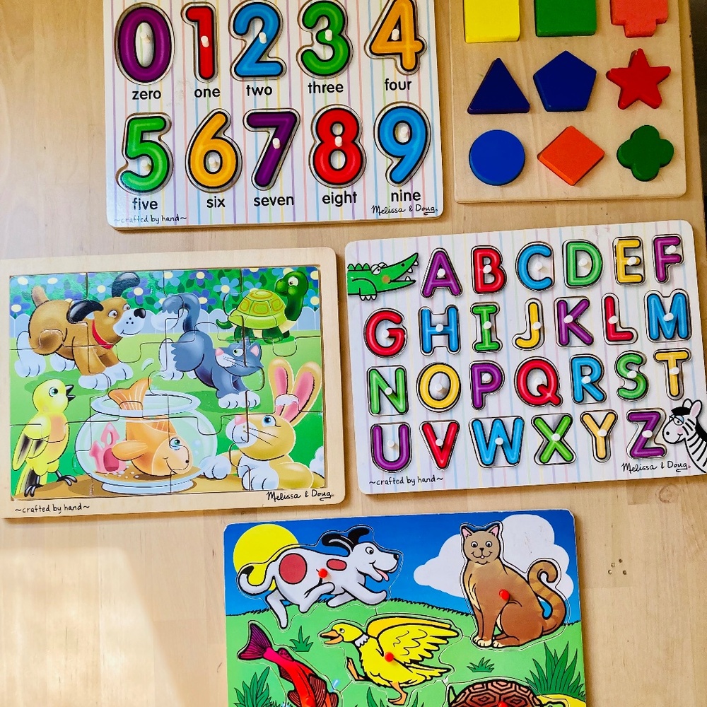 Melissa and Doug Wooden Puzzle Bundle of 5 shapes, letters, numbers, animals